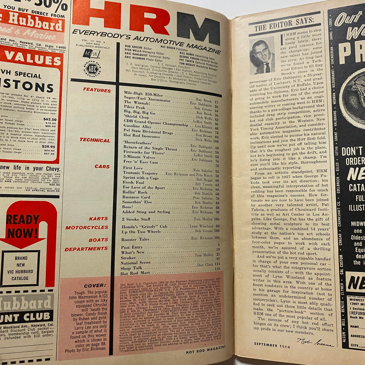 Interior page of VTG Hot Rod Magazine September 1964 displaying the table of contents and features related to hot rodding.