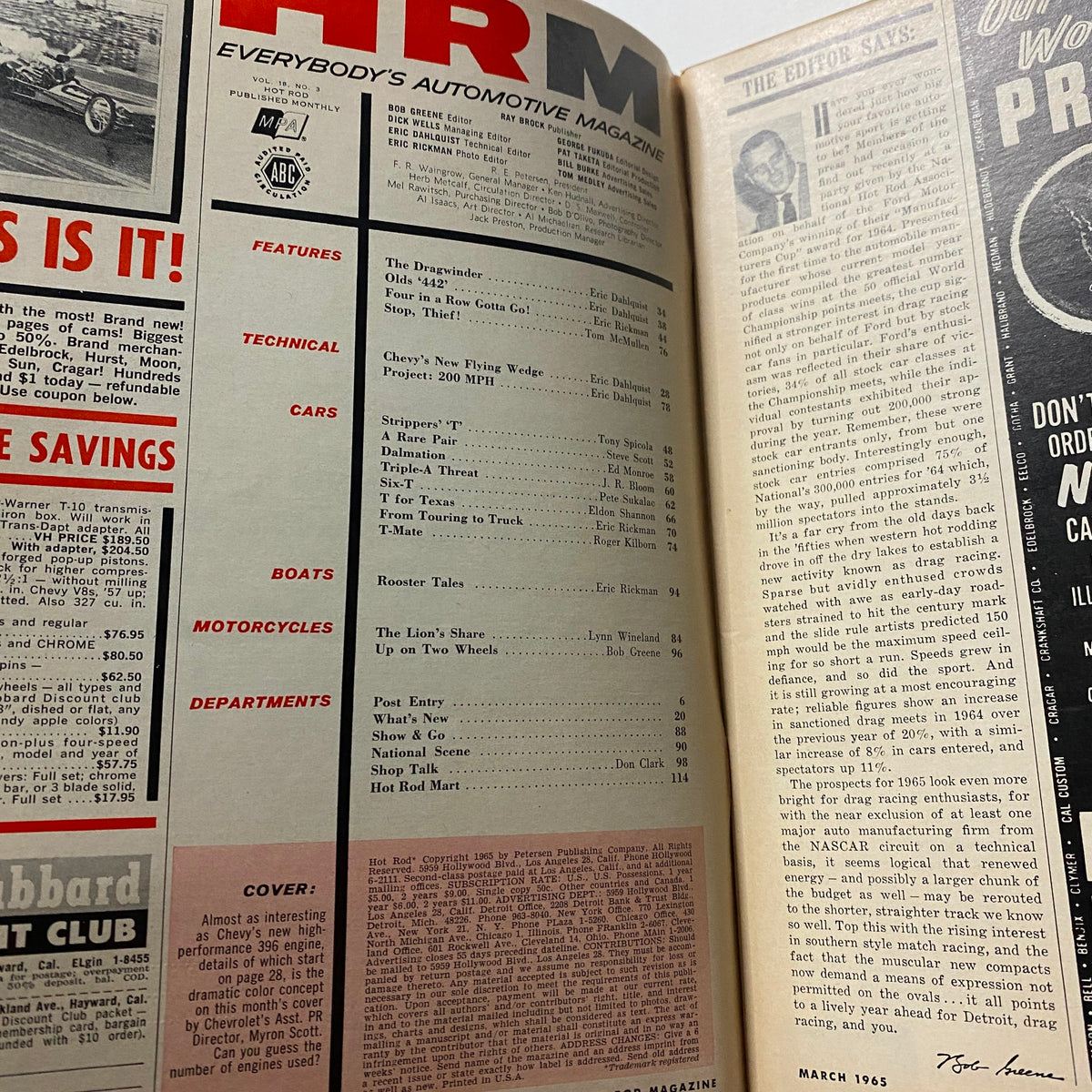 Inside page of VTG Hot Rod Magazine March 1965, displaying a table of contents and articles related to classic cars and automotive technology.