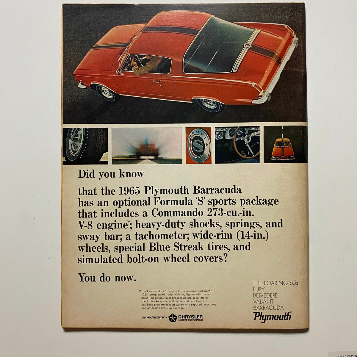 Back cover of VTG Hot Rod Magazine March 1965, featuring an advertisement for the 1965 Plymouth Barracuda, highlighting its sports package and specifications.