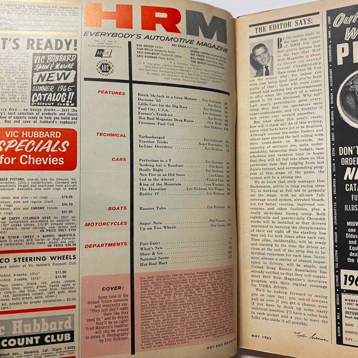 Inside page of VTG Hot Rod Magazine May 1965 featuring the table of contents and editorial notes, providing insight into the vintage automotive articles and features included in this edition.