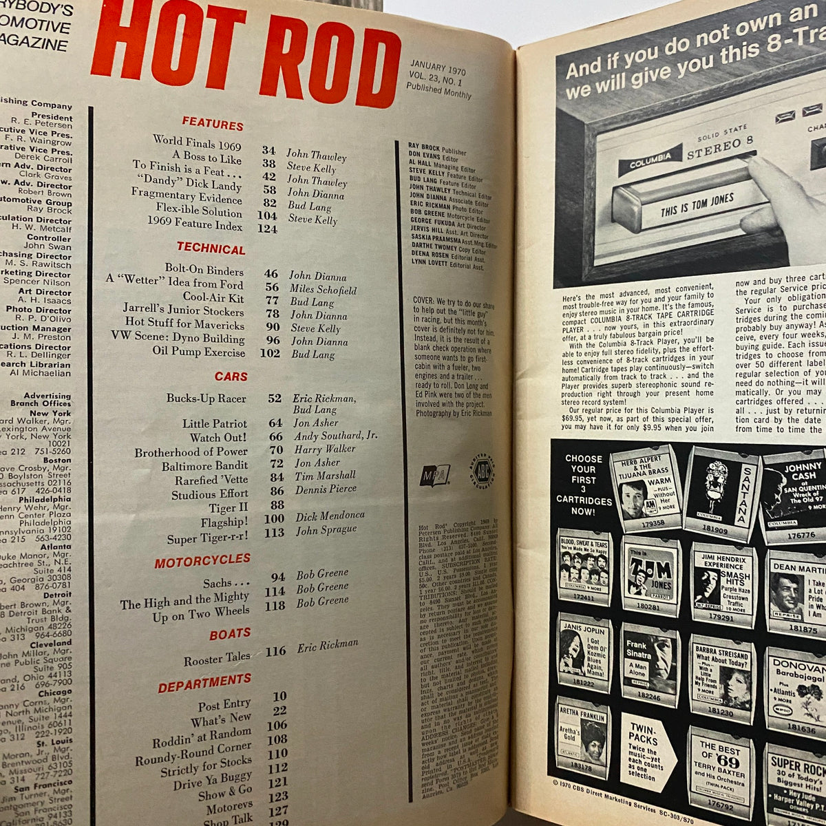 Interior page of VTG Hot Rod Magazine January 1970 listing features and articles including 'Bucks-Up Racer' and various automotive topics.