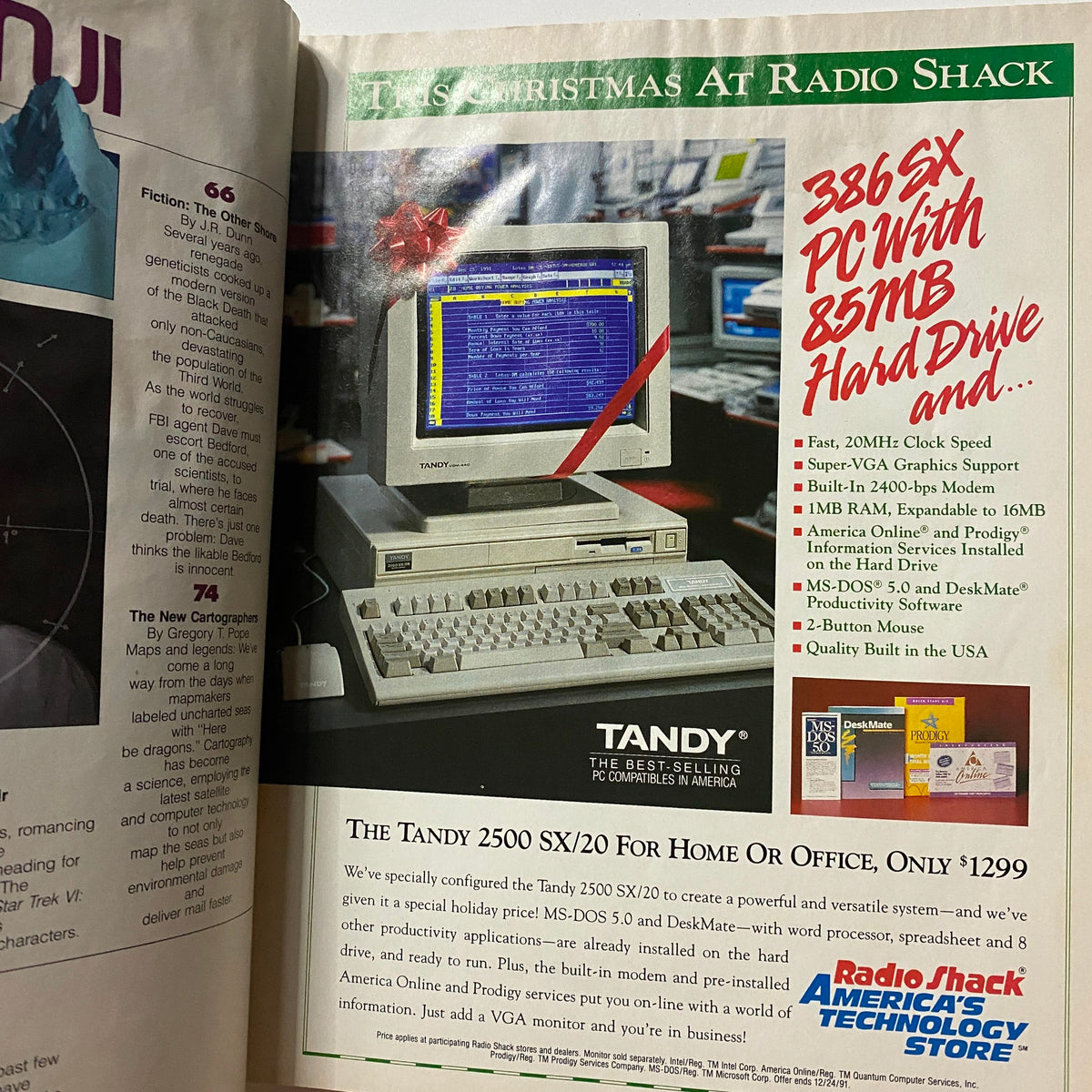 Advertisement page in Omni Magazine December 1991 Vol 14 No. 3 showcasing the Tandy 2500 SX/20 PC with specifications for holiday shopping.