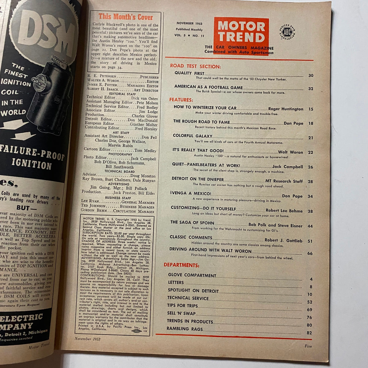 Interior page of the November 1953 Motor Trend Magazine showcasing the table of contents and featured articles, including the Austin Healey 100.