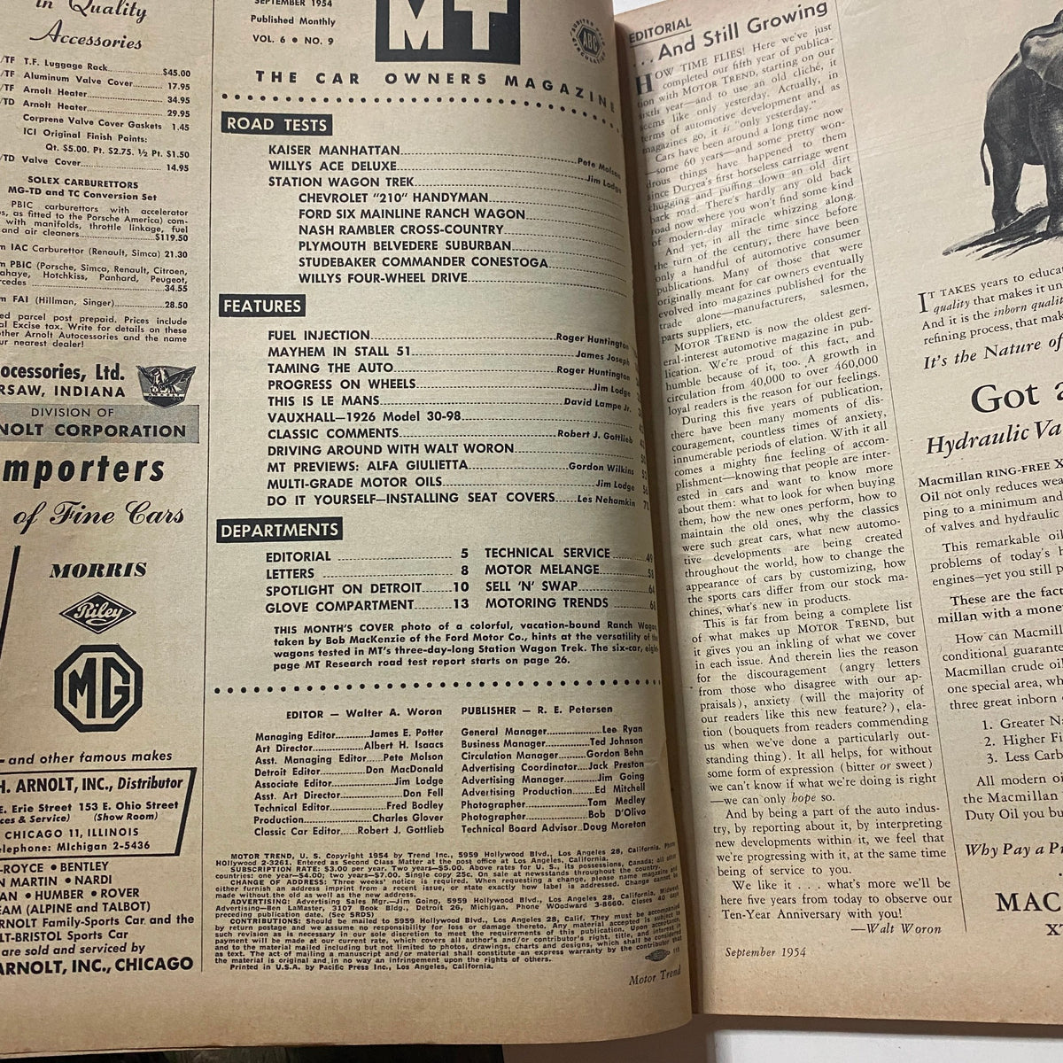 Interior page of VTG Motor Trend Magazine September 1954 displaying articles and car test listings, highlighting the magazine's content and vintage style.