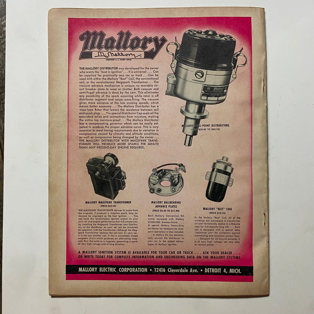 Advertisement page from VTG Motor Trend Magazine September 1954 promoting Mallory products, featuring a detailed image of ignition systems and related components.