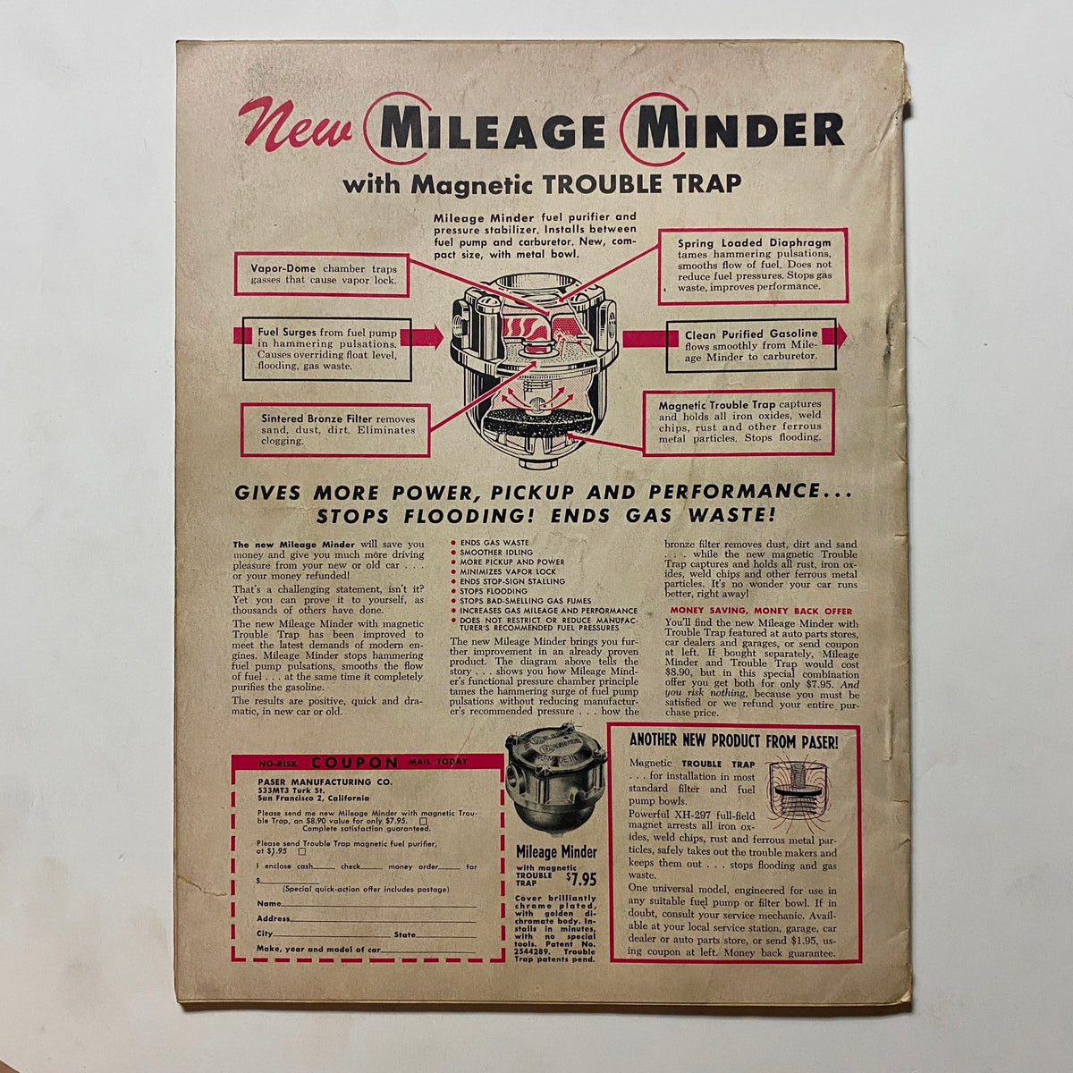 Back cover of the VTG Motor Trend Magazine March 1958, featuring an advertisement for the Mileage Minder fuel purifier with detailed descriptions of its features and benefits.