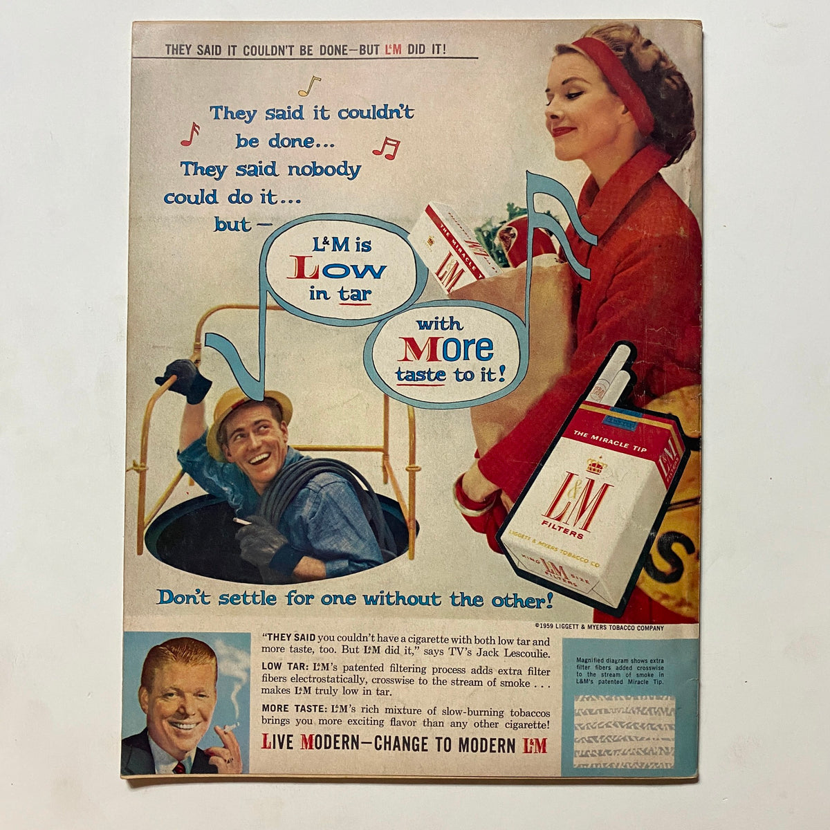 Back cover advertisement of VTG Motor Trend Magazine March 1959 promoting L&M Filters, showcasing a colorful design with characters and text about tar and taste.