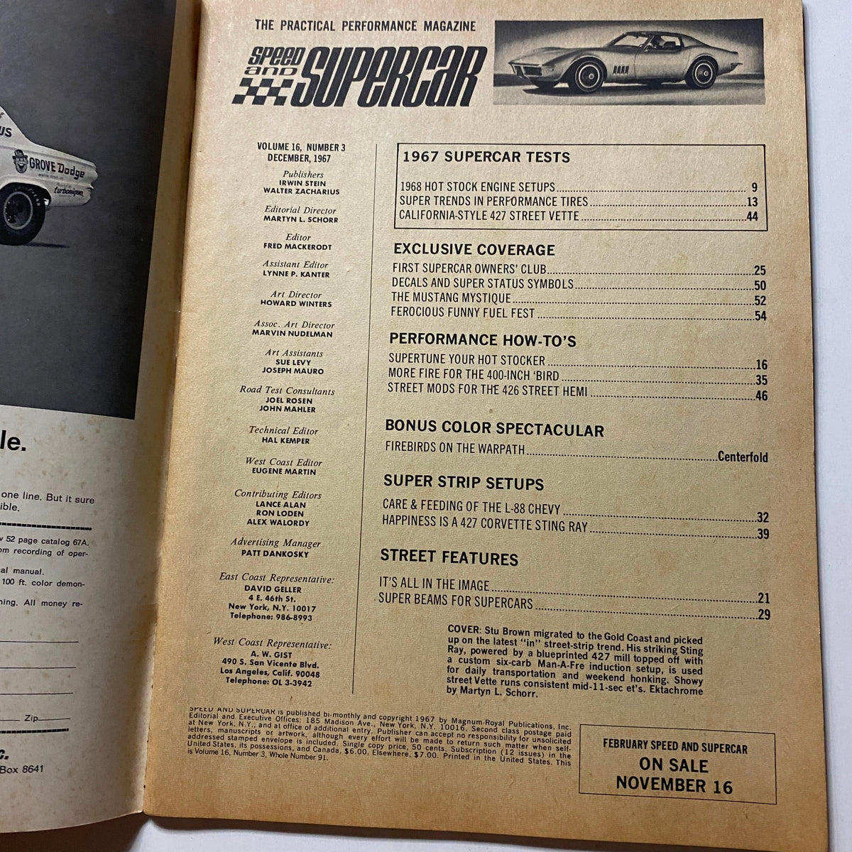 Inside page of VTG Speed and Supercar Magazine December 1967 listing the contents, highlighting articles on supercars, performance how-to's, and exclusive coverage related to the 427 Street Vette.