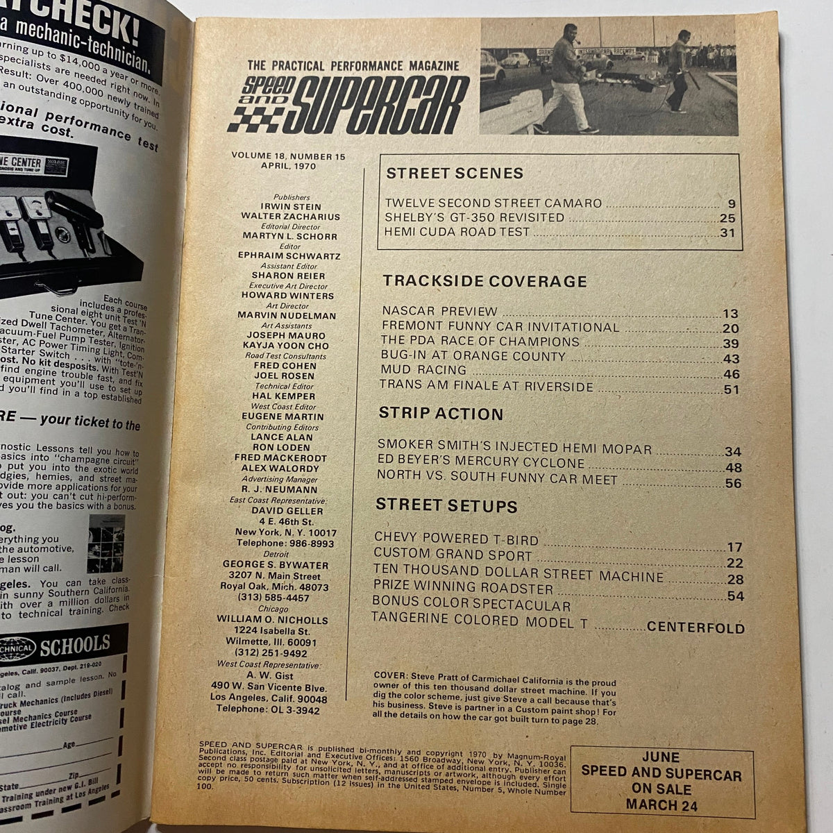 Inside page of VTG Speed and Supercar Magazine April 1970 displaying the table of contents and various features related to street scenes and trackside coverage.