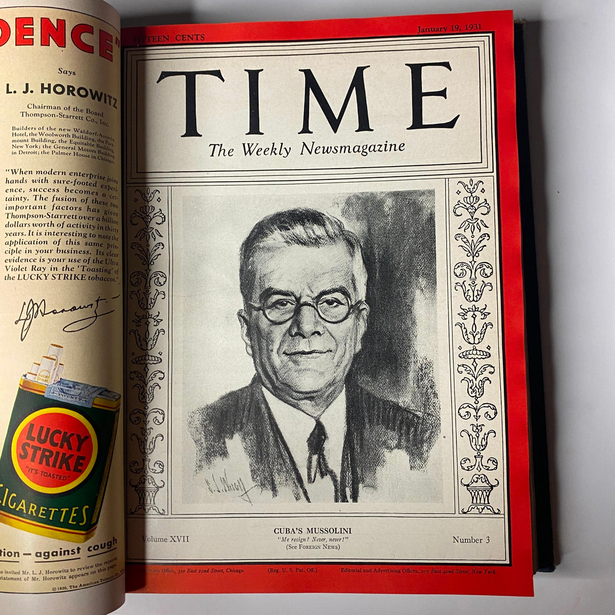 Cover page of the January 19, 1931 issue of Time Magazine featuring the portrait of 'Cuba’s Mussolini'. Part of the Time Magazine library bound volume titled 'Time Magazine Library Bound Jan 12-March 30, 1931 Mahatma Gandhi Charlie Chaplin'.