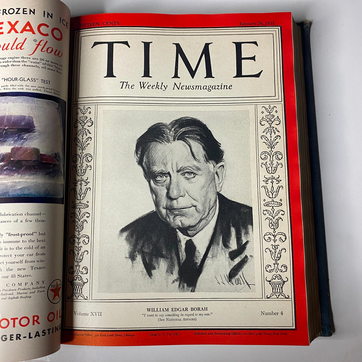 Cover page of the January 26, 1931 issue of Time Magazine featuring the portrait of 'William Edgar Borah'. An essential part of the Time Magazine collection, showcasing notable political figures of the time.