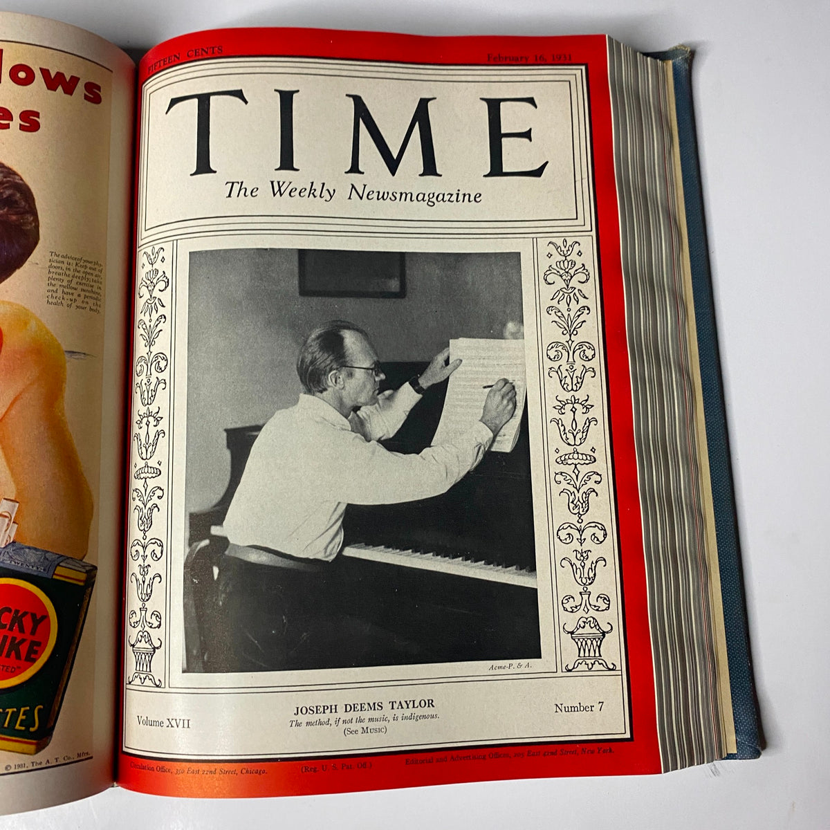 February 16, 1931 cover of Time Magazine featuring Joseph Deems Taylor at the piano, part of the Time Magazine Library Bound from January 12 to March 30, 1931.