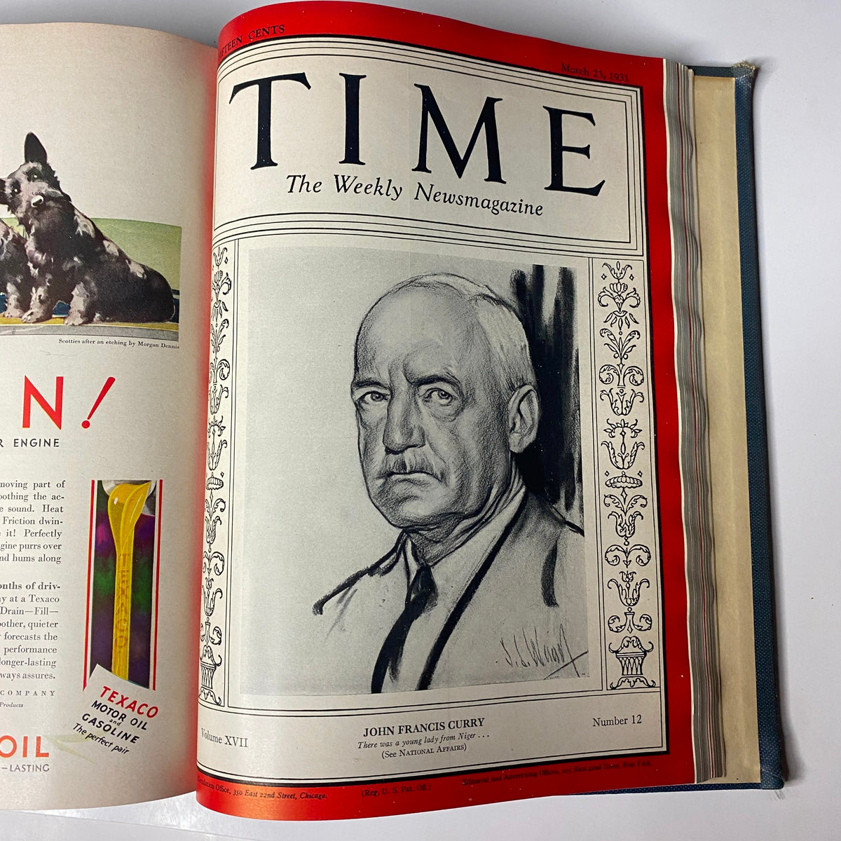 Time Magazine cover featuring John Francis Curry, March 23, 1931, from the collection Time Magazine Library Bound Jan 12-March 30, 1931 Mahatma Gandhi Charlie Chaplin.