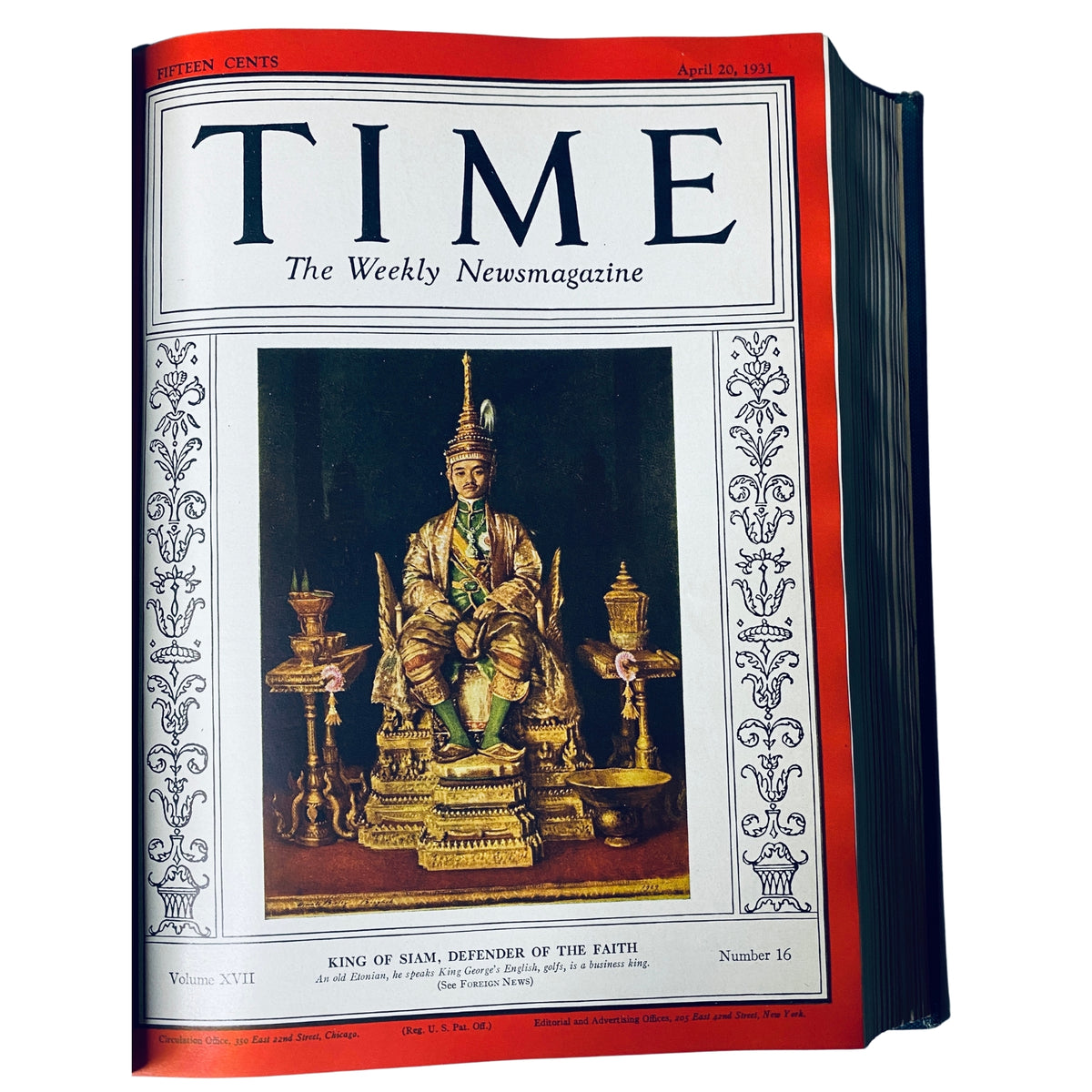 Cover of Time Magazine featuring the King of Siam, April 20, 1931, depicting the monarch seated on a throne surrounded by ornate decorations.