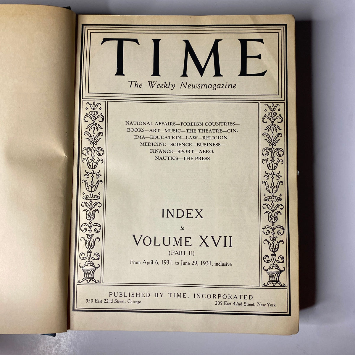 Index page of Time Magazine Library Bound April 6-June 29, 1931, showing the volume number and publication details.