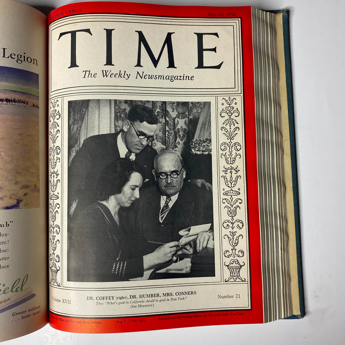 Front cover of Time Magazine dated May 25, 1931, displaying Dr. Coffey, Dr. Humber, and Mrs. Conners, from the Time Magazine Library Bound April 6-June 29, 1931 series.