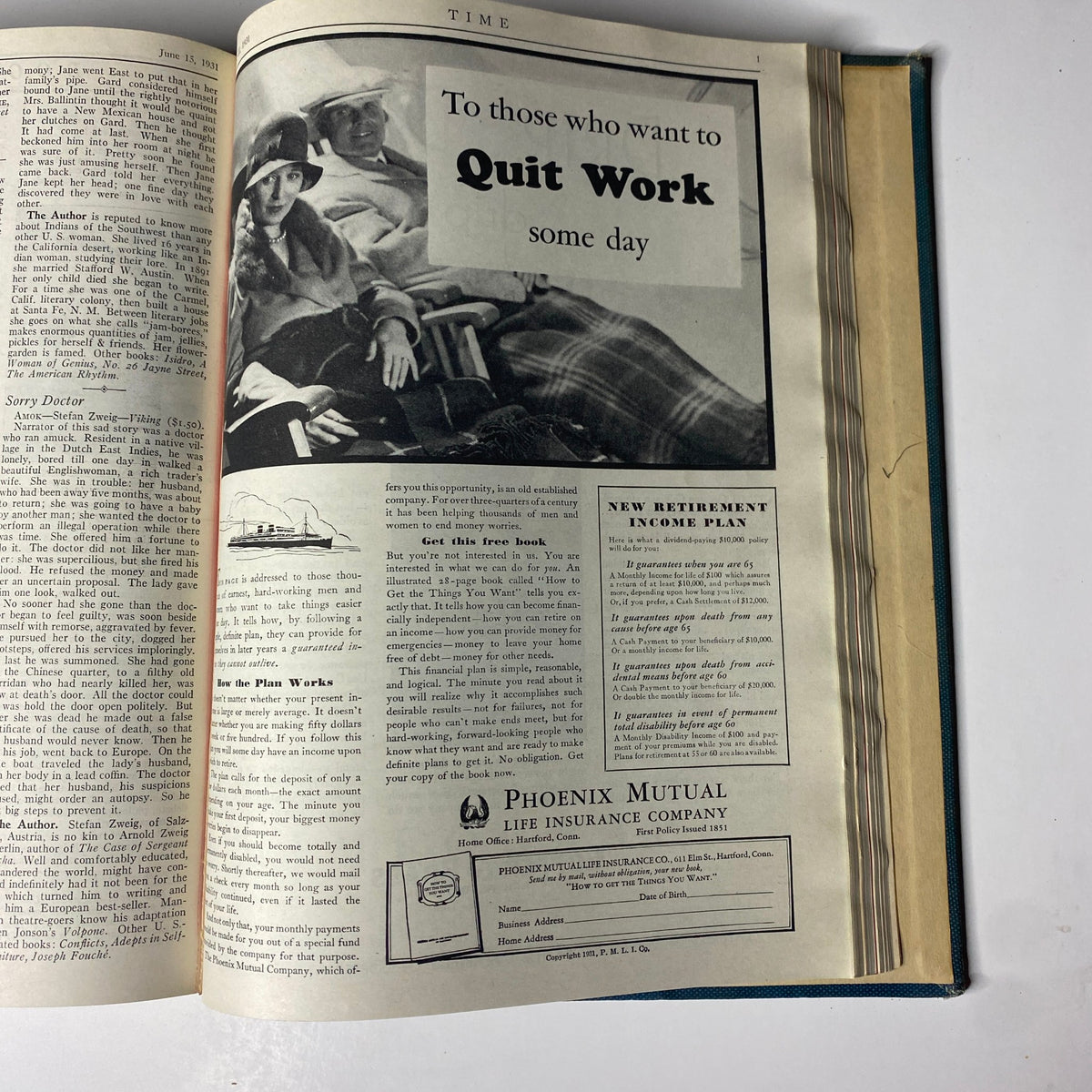 Ad page showing a retirement plan in Time Magazine from 1931, included in the Time Magazine Library Bound April 6-June 29, 1931 King Of Siam collection.