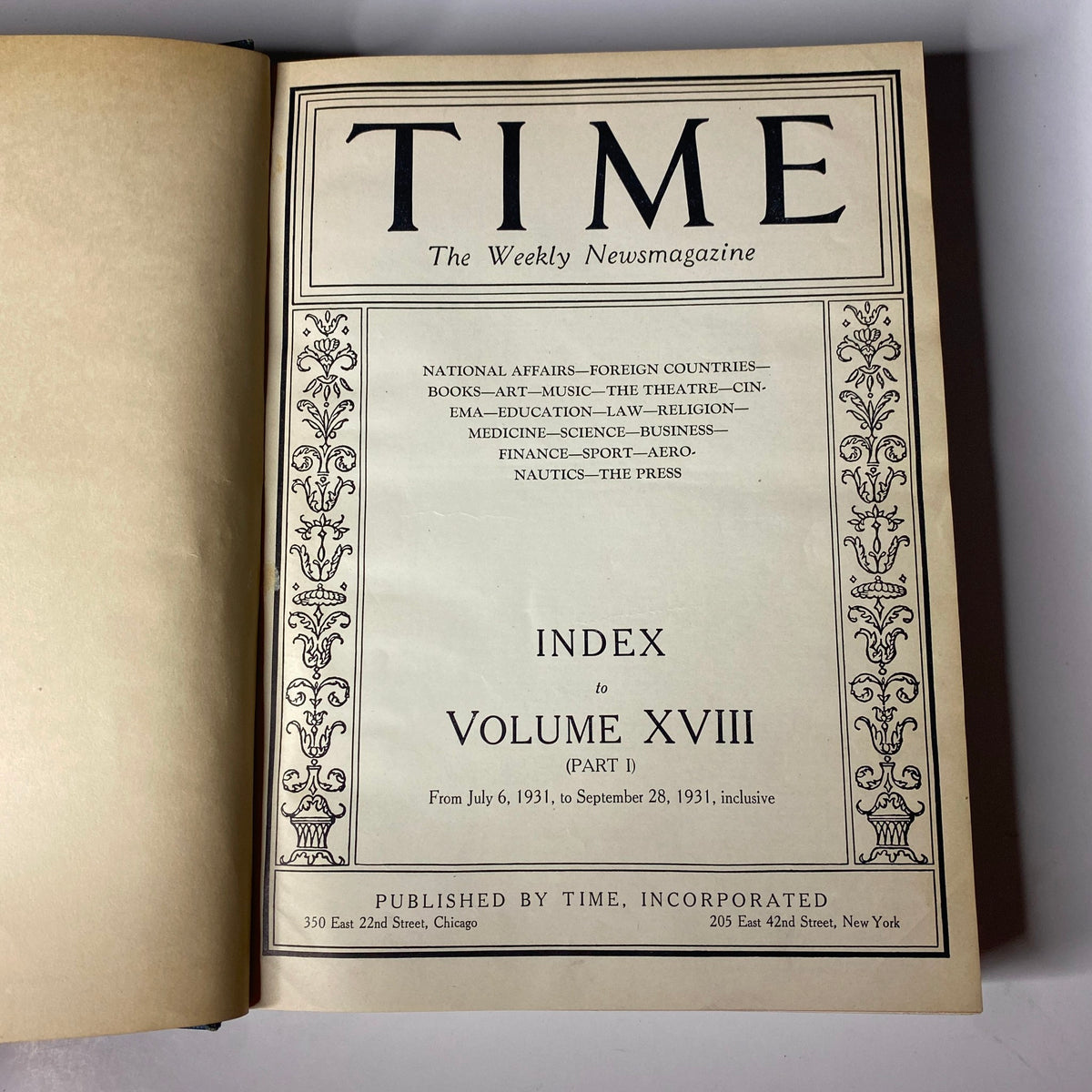 Index page of Time Magazine Library Bound July 6-September 28, 1931, detailing content organization and publication information.