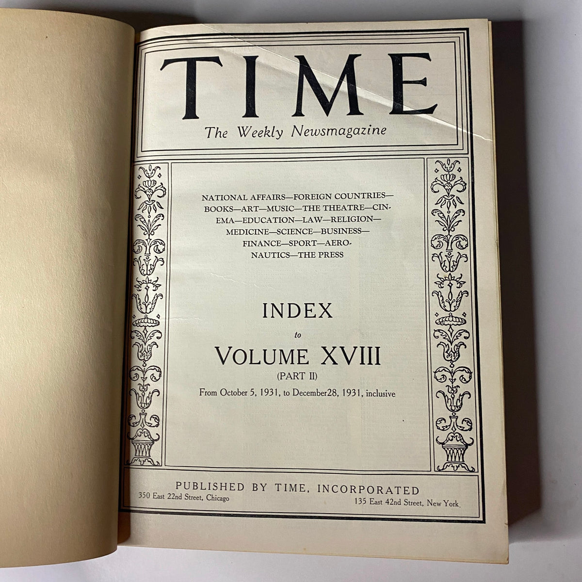 Interior view of the Time Magazine Library Bound collection, featuring the index page for Volume XVIII from October 5 to December 28, 1931.