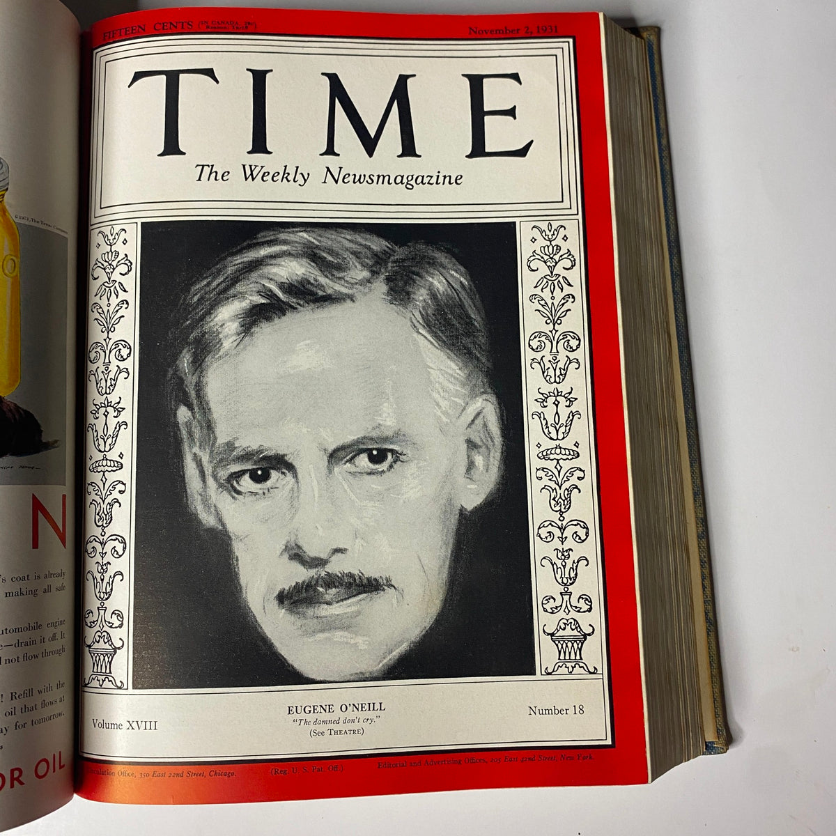 Time Magazine Library Bound Volume featuring Eugene O’Neill, November 2, 1931. The cover showcases a portrait of the playwright and discusses cultural milestones during the Great Depression.
