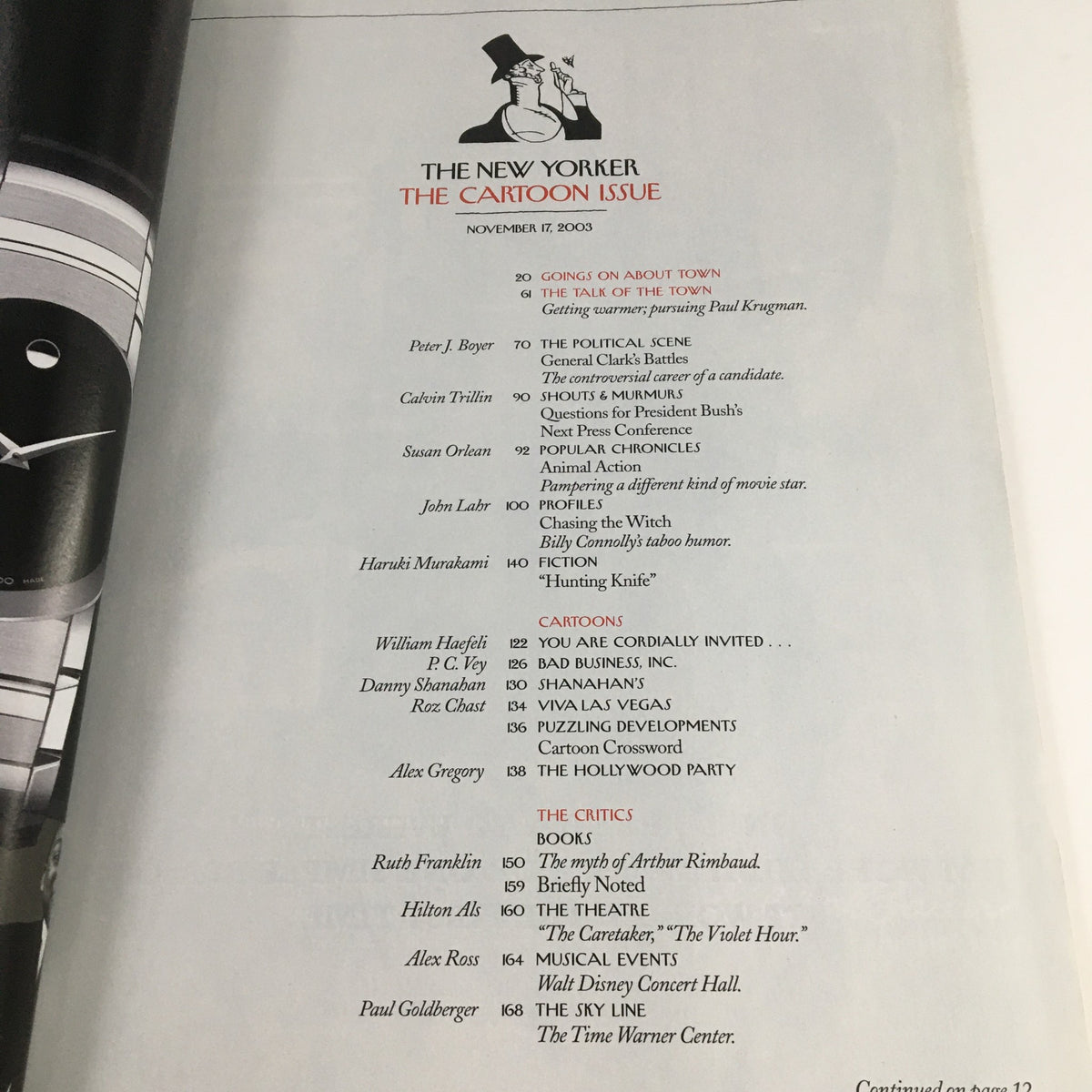 The New Yorker Full Magazine November 17 2003 Table of Contents page from the Cartoon Issue showcasing articles including a feature on Paul Krugman.