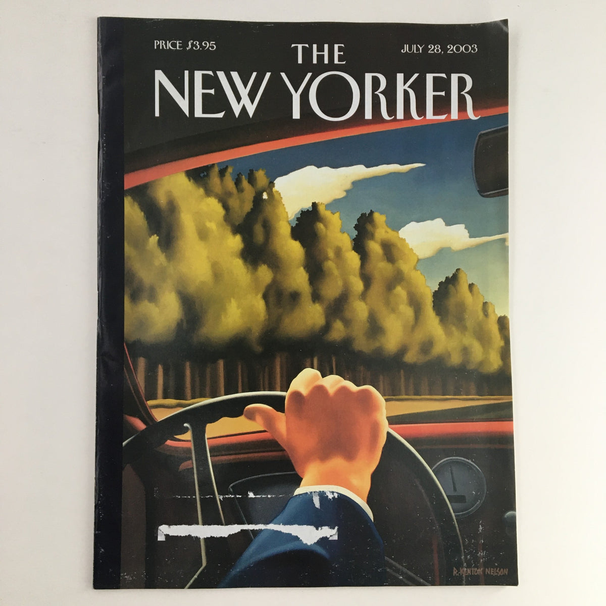 The New Yorker July 28 2003 Full Magazine Theme Cover by R. Kenton Nelson featuring a hand on a steering wheel with a picturesque landscape background.