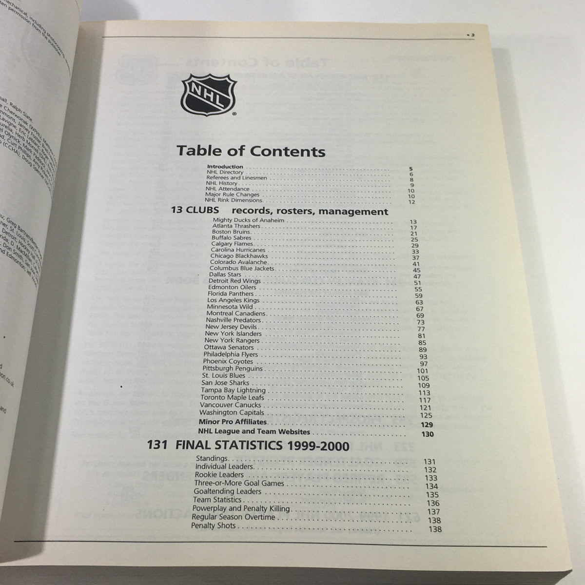 Inside page of the VTG NHL Official Guide & Record Book 2001 displaying the Table of Contents, listing chapters on clubs, statistics, and management.