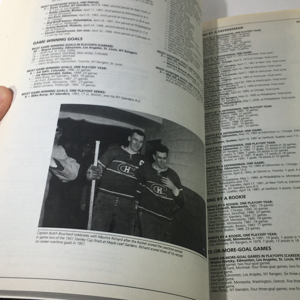 Page from the VTG NHL Official Guide & Record Book 2001 showcasing game-winning goals and a photograph of hockey greats Maurice Richard and Bob Boucher.