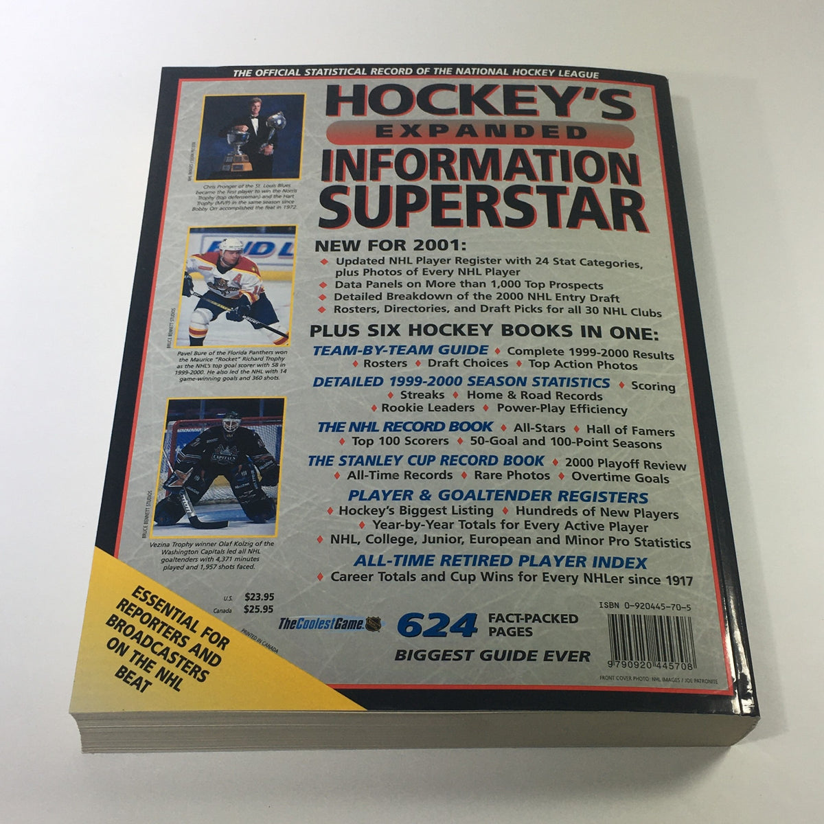 Back cover of the VTG NHL Official Guide & Record Book 2001 featuring promotional information about hockey statistics and player records.