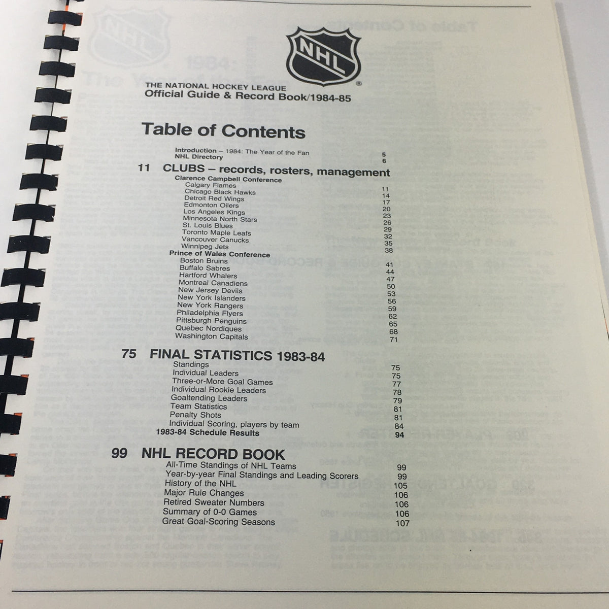 Inside page of the VTG NHL Official Guide & Record Book 1984-1985, displaying the table of contents with sections on clubs and NHL records.