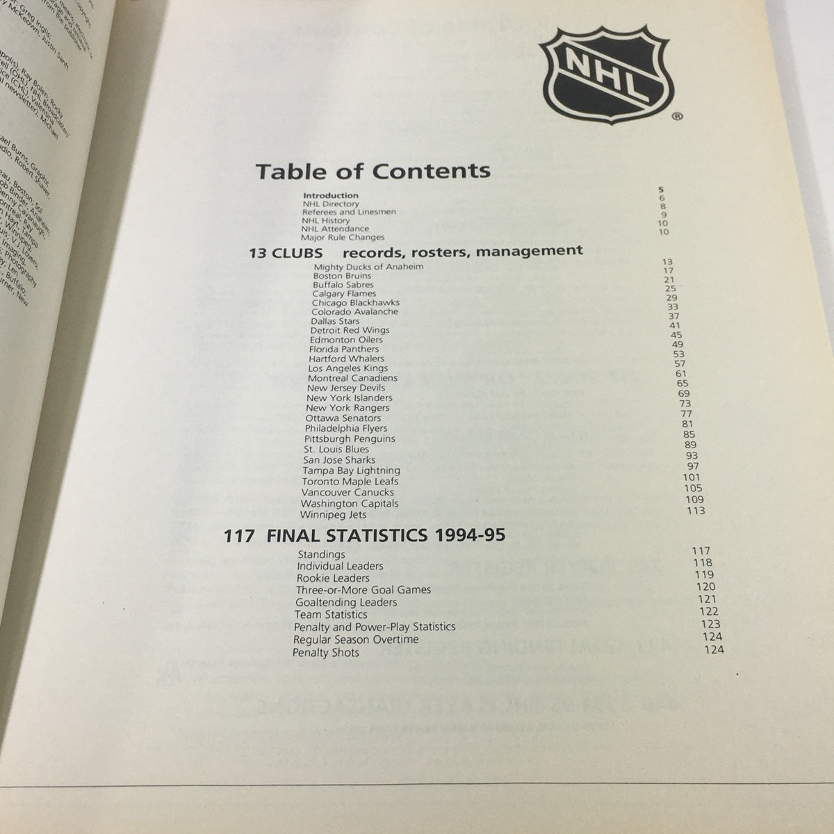 Table of Contents page from the VTG NHL Official Guide & Record Book 1995-1996 showcasing the structure of the magazine and included club records.