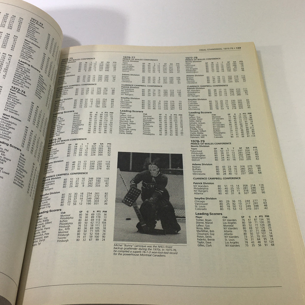 Statistical page from the VTG NHL Official Guide & Record Book 1995-1996 displaying final standings and leading scorers from previous seasons.