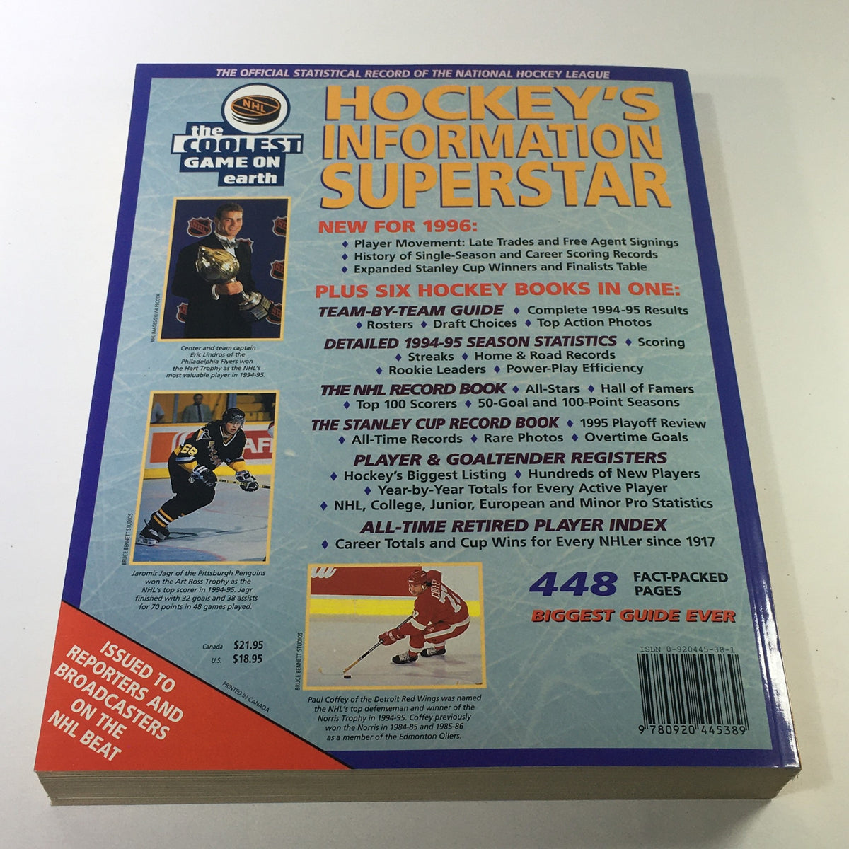 Back cover of VTG NHL Official Guide & Record Book 1995-1996 highlighting features and statistics information for the NHL, emphasizing its comprehensive content.