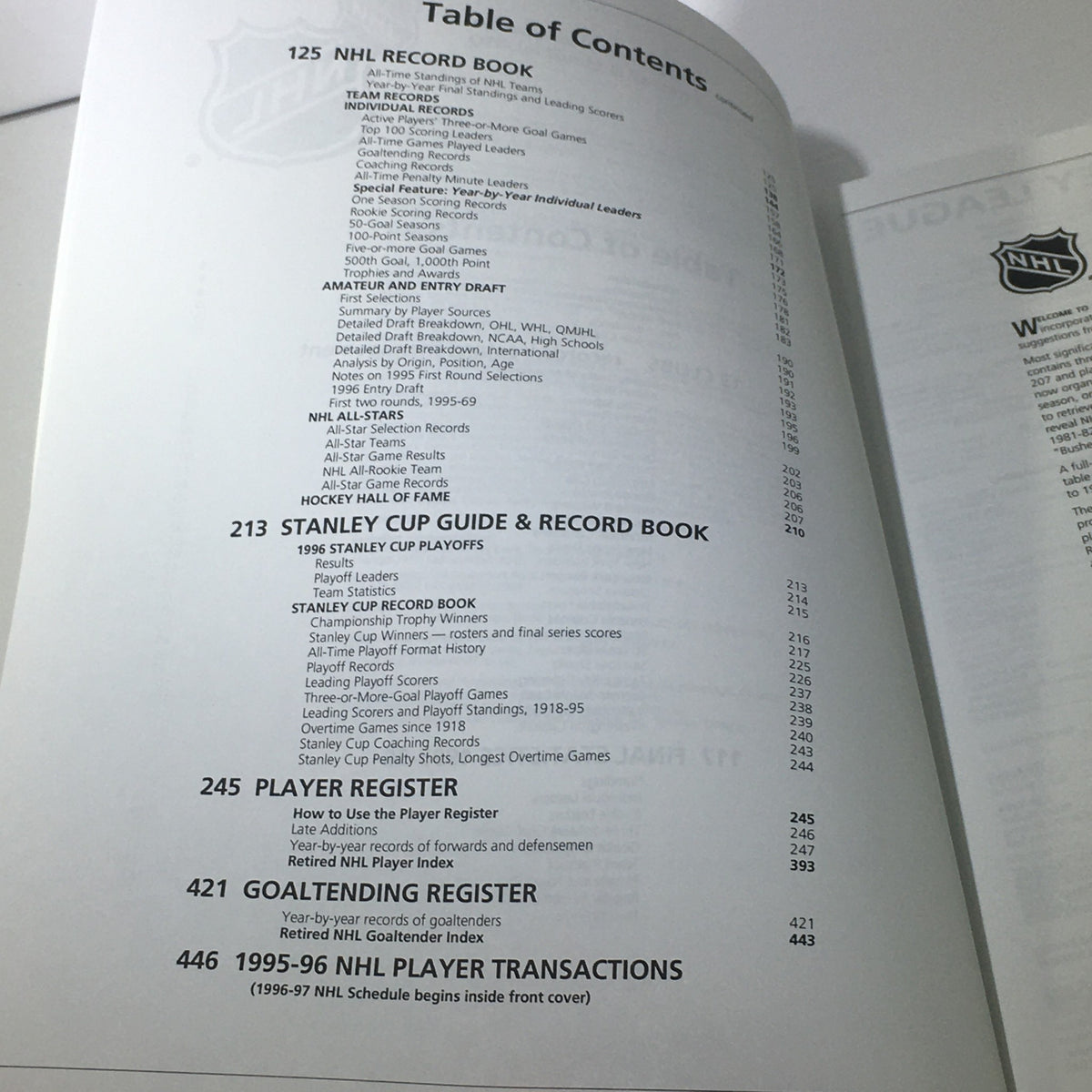 Continuation of the table of contents from the VTG NHL Official Guide & Record Book 1996-1997, detailing NHL records and player statistics.