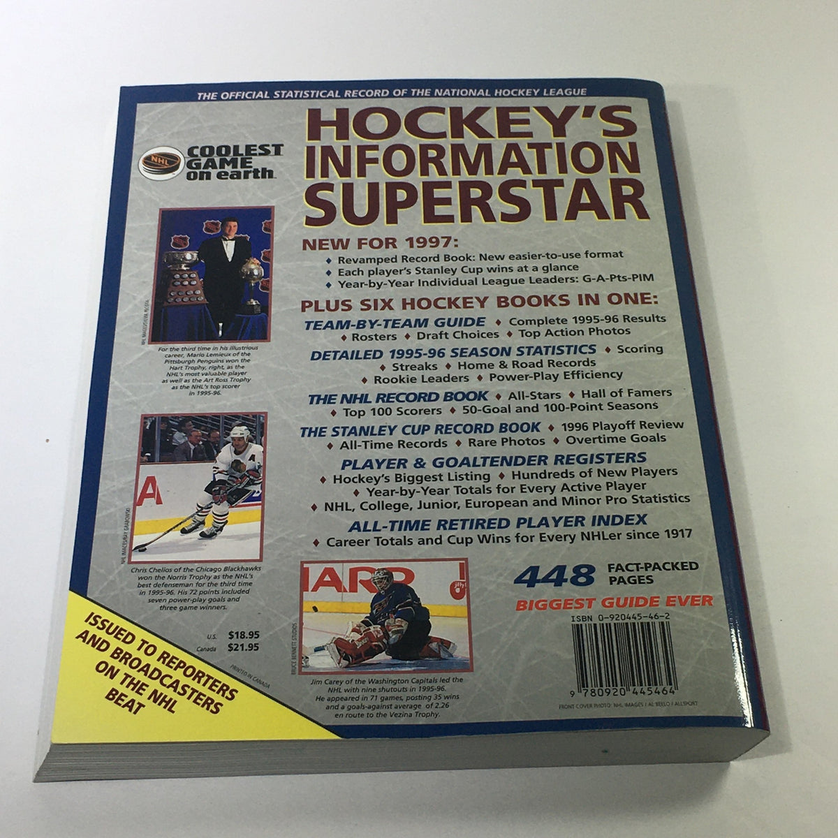 Back cover of the VTG NHL Official Guide & Record Book 1996-1997 Joe Sakic / Colorado Avalanche, highlighting features and information about the book.