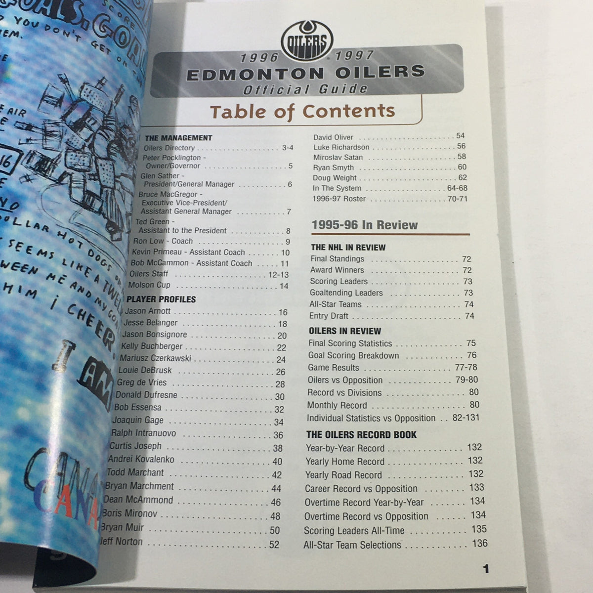 VTG NHL Official Guide 1996-1997 showcasing the Table of Contents for the Edmonton Oilers, featuring sections on team management, player profiles, and season review.