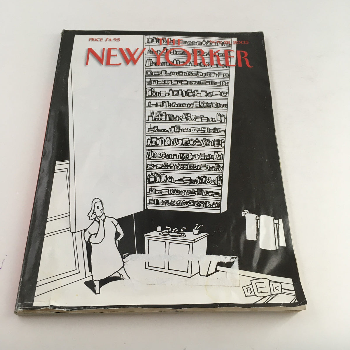 Close-up view of The New Yorker Magazine November 28, 2005 cover, showcasing the iconic illustration 'Americans at Work' by Bruce Eric Kaplan, highlighting its vintage appeal.