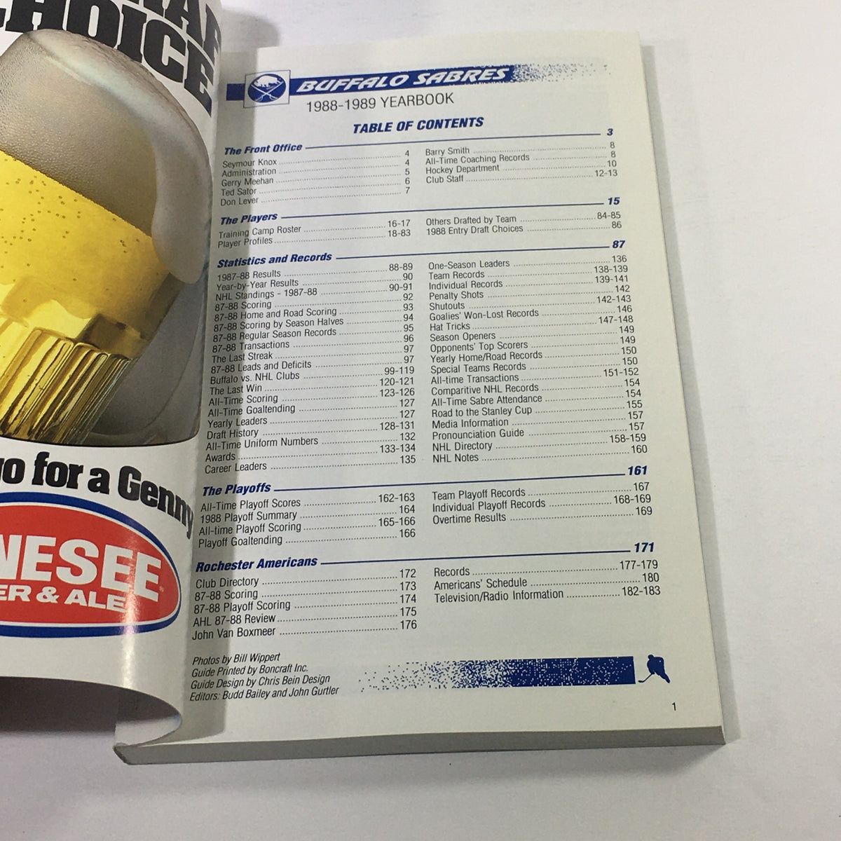 Inside view of the Vintage NHL official yearbook 1988-1989 for the Buffalo Sabres, displaying the table of contents and various team statistics.
