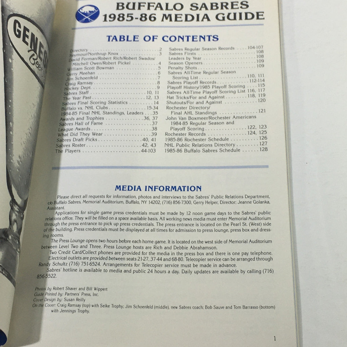 Inside page of the VTG NHL Buffalo Sabres 1985-1986 Fact Book and Media Guide showcasing the table of contents and media information relevant to the Buffalo Sabres organization.