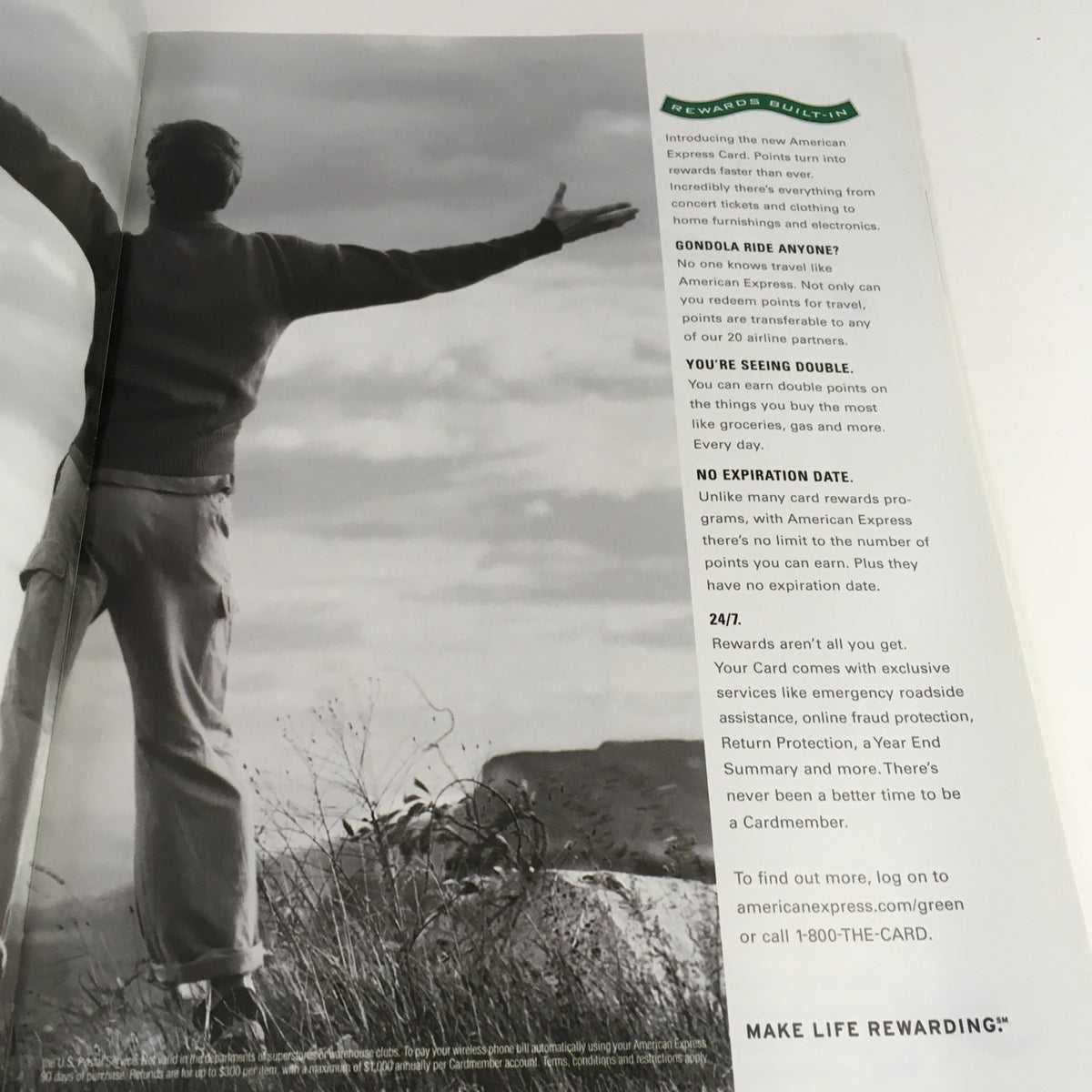 Inside page of The New Yorker 2002 Jet-Set Sounds Fall Music Theme magazine, featuring a monochrome photograph of a person standing with arms outstretched, alongside American Express promotional content.