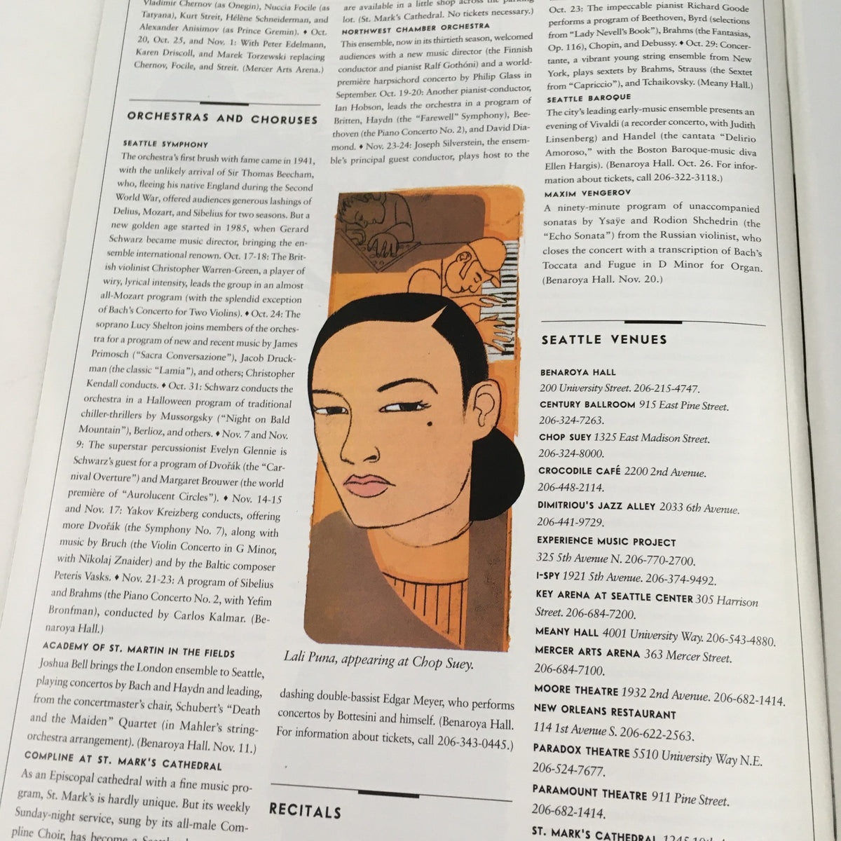 Interior page from The New Yorker 2002 Jet-Set Sounds Fall Music Theme Cover by Richard McGuire, featuring Lila Downs performing at Chop Suey with artistic representation.