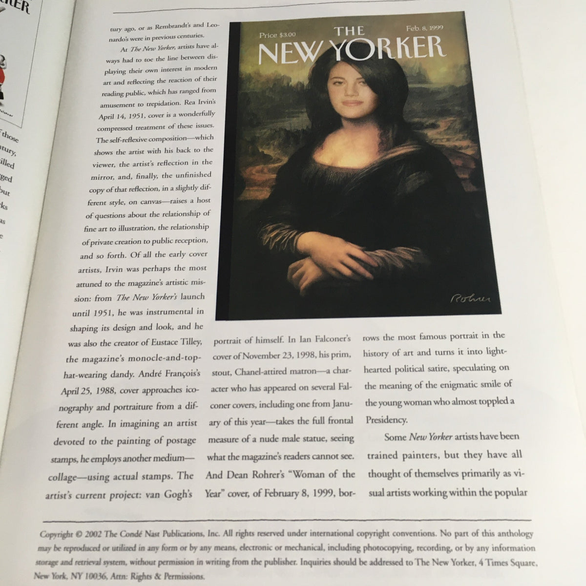 Page inside The New Yorker February 14 2002 showing an article about Ian Falconer, with a portrait of Falconer's work, demonstrating the artistic narrative of the magazine.