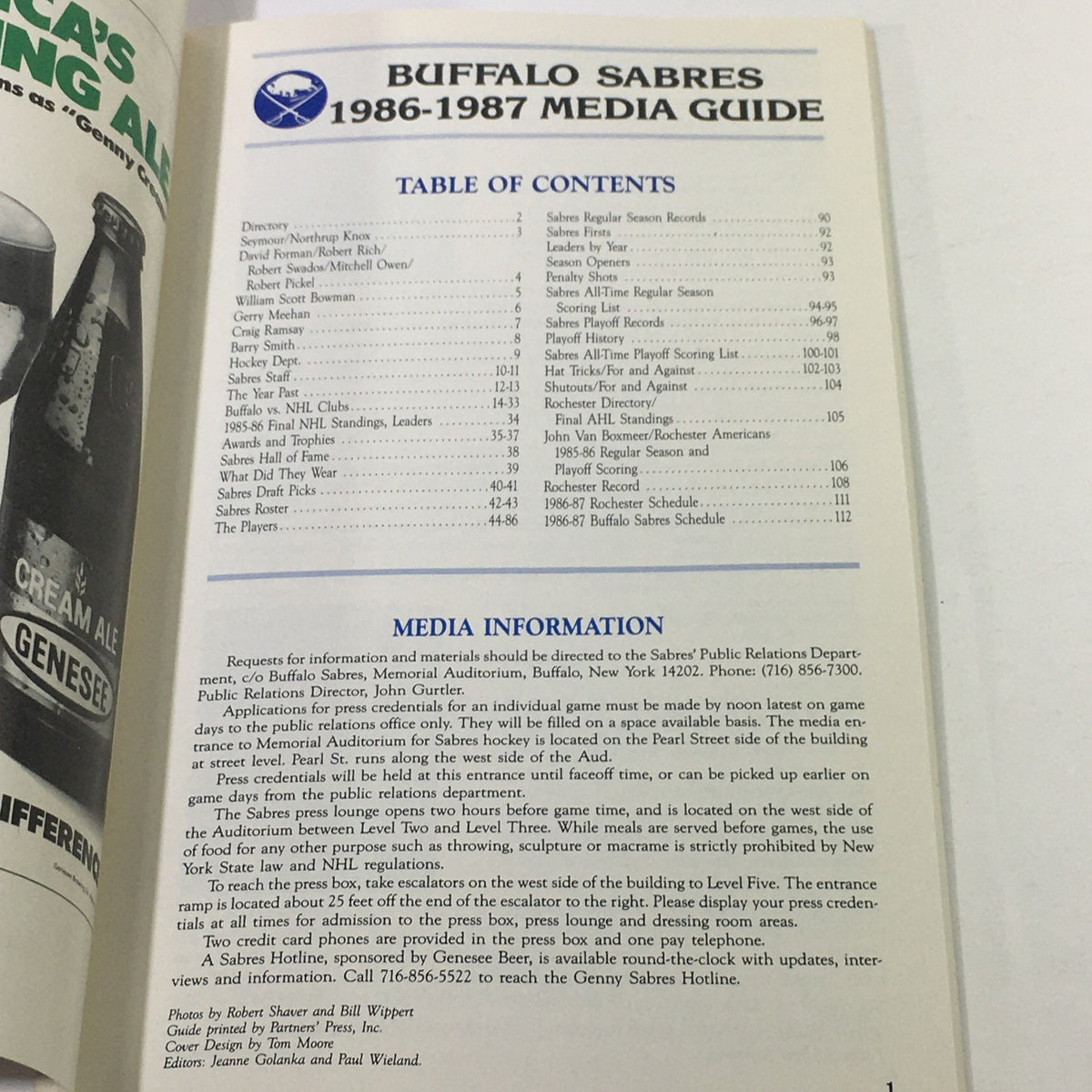 Table of contents page of the VTG NHL 1986-1987 Buffalo Sabres Media Guide detailing sections and information for fans and media.