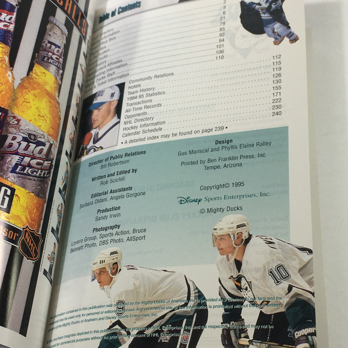 Inside page of the VTG NHL Official Yearbook 1995-1996 featuring sections like the Table of Contents, Director of Public Relations, and editorial information, specific to the Mighty Ducks of Anaheim and Oleg Tverdovsky.