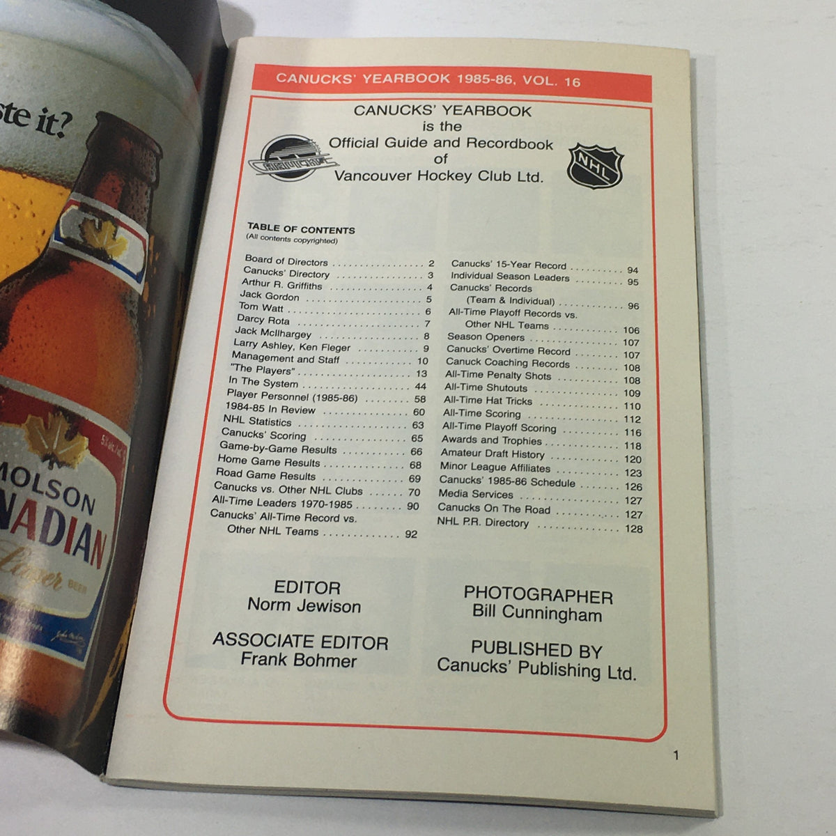 Interior page of the VTG NHL Official Yearbook 1985-1986 - Vancouver Canucks, showing the table of contents and details about the Vancouver Hockey Club, including editors' information.