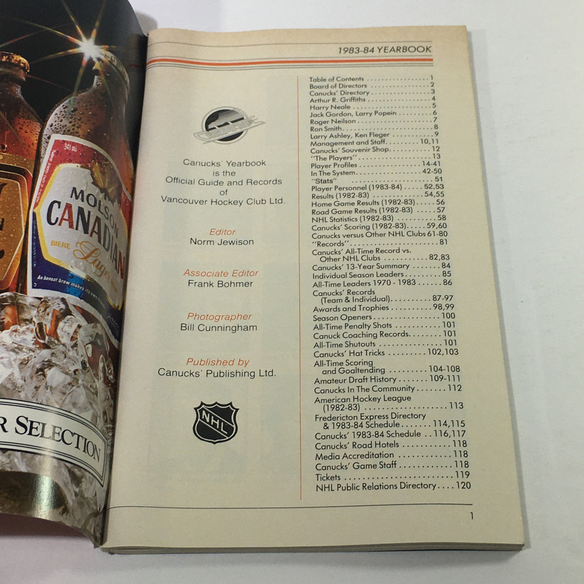 Interior page of the VTG NHL Official Yearbook 1983-1984 - Vancouver Canucks showcasing the table of contents and publication details.