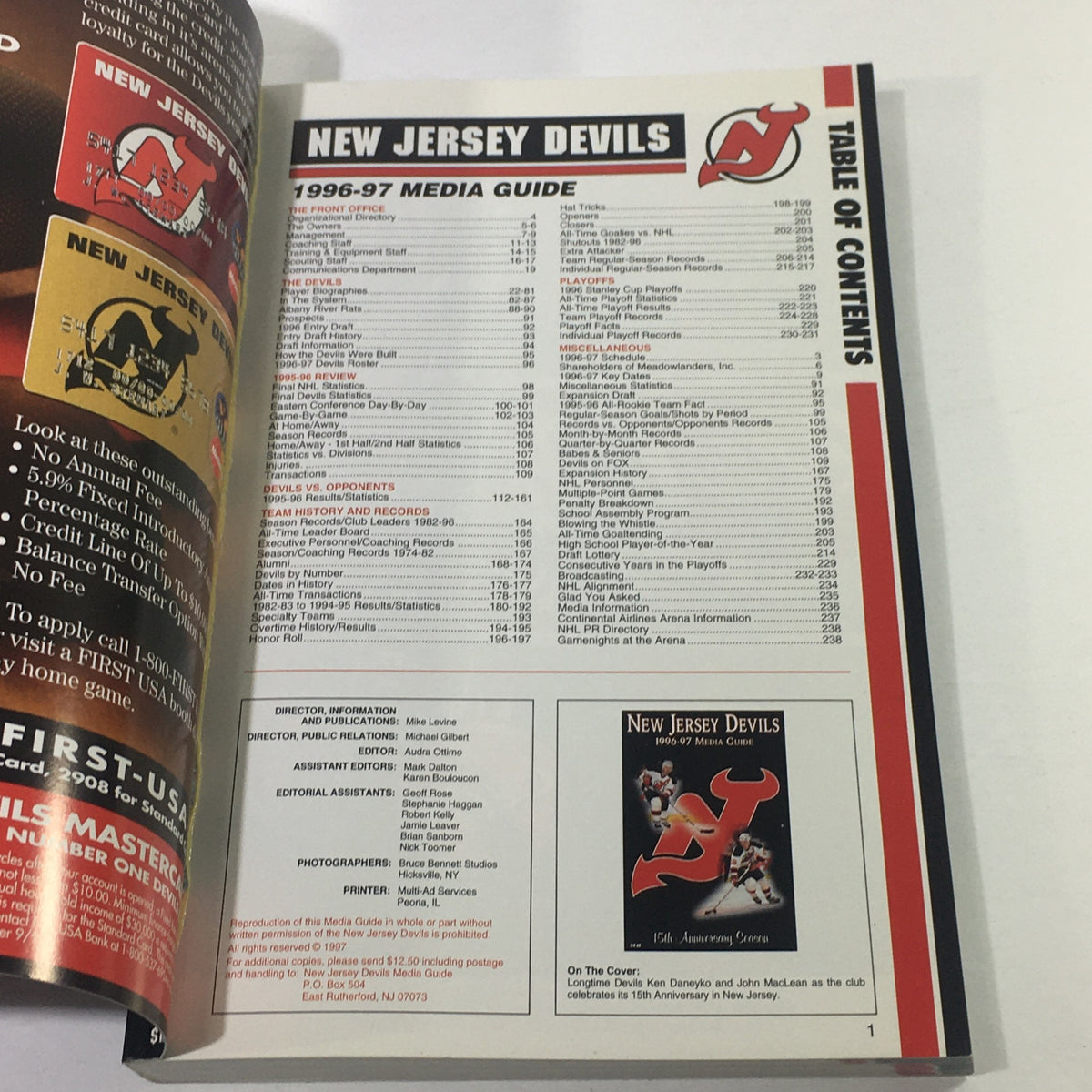 Interior page of the VTG NHL Official Media Guide 1996-1997 for the New Jersey Devils showcasing the table of contents and team details.