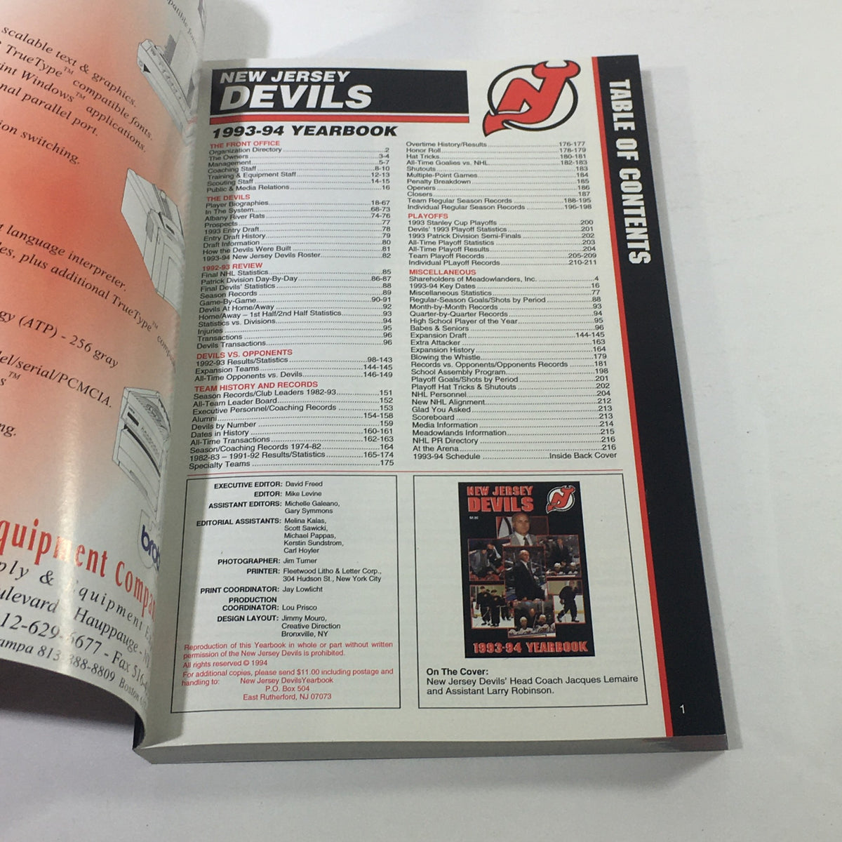 Inside page of the VTG NHL Official Yearbook 1993-1994, displaying the table of contents for the New Jersey Devils yearbook, which includes important sections and contributions by Coach Jacques Lemaire.