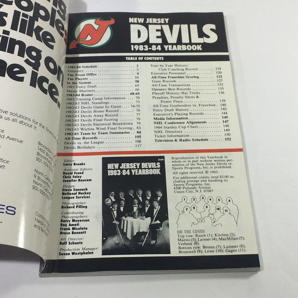 Cover page of the VTG NHL Official Yearbook 1983-1984 featuring the New Jersey Devils, showcasing the table of contents and details about team history, players, and records.