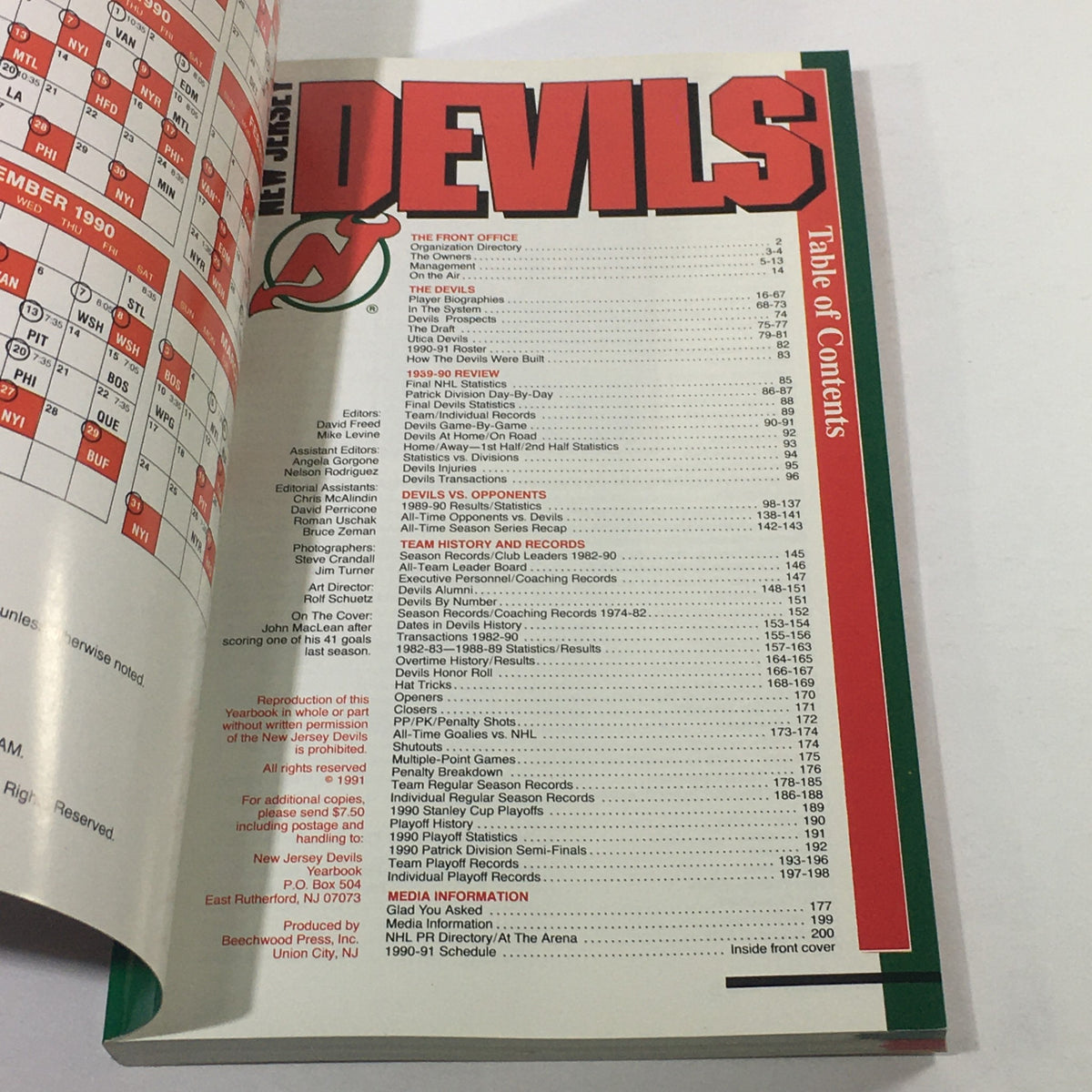 Interior page of the VTG NHL Official Yearbook 1990-1991 showing the table of contents for the New Jersey Devils.